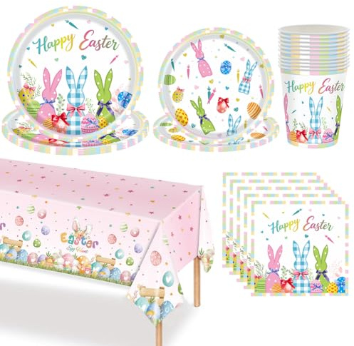 Vaisselle de Fête de Pâques, Lot de 81 Ensemble de Vaisselle pour Fête de Lapin de Pâques - Assiettes en Papier Serviettes Nappe etc Fournitures
