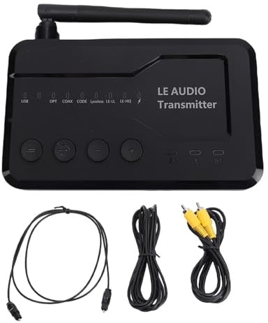 EIMSOAH 5.3-Sender-Empfänger, Kabelloser Audio-Adapter mit QCC-High-End-Chip, LE-Audio-Technologie, USB-AUX-Opt-Coax-Eingänge, Externe Antenne mit 50 M Reichweite, für Kopfhörer,