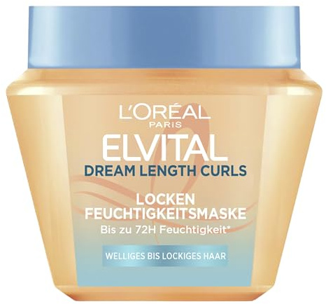 L'Oréal Paris Elvital Dream Length Curls 3in1 Locken Feuchtigkeitsmaske, Haarkur für welliges bis lockiges Haar, mit Glyzerin & Rizinusöl, Lockenpflege, bis zu 72H intensive Feuchtigkeit, 300ml