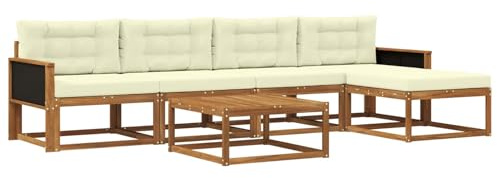 vidaXL Outdoor-Sofagarnitur mit Kissen 6 pcs Natur und Creme, Patio-Lounge-Set, modernes Outdoor-Sofa, wetterfestes Gartenmöbel, Akazienholz