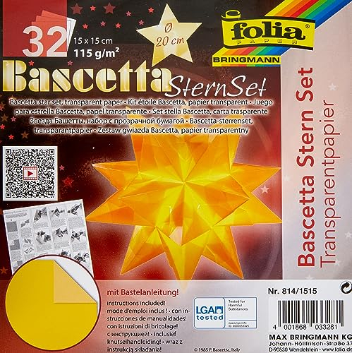 folia 814/1515 - Bastelset Bascetta Stern, Transparent gelb, 15 x 15 cm, 32 Blatt, fertige Größe des Papiersterns ca. 20 cm, mit ausführlicher Anleitung - ideal zur zeitlosen Dekoration
