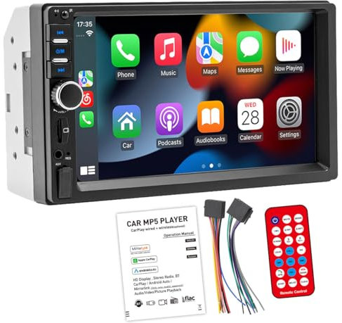 PolarLander 2DIN Auto Radio Wired Carplay Android Auto Lecteur MP5 avec écran Tactile 7 - Autoradio Universel - Autoradio stéréo - Support Miroir pour téléphone Android