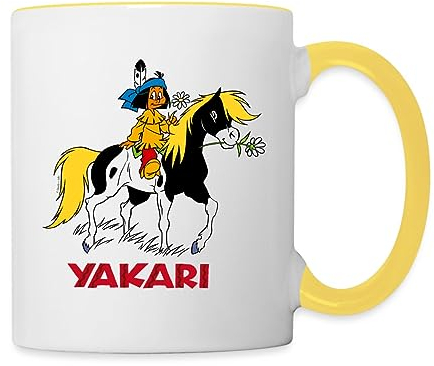 Spreadshirt Yakari Indianer Reitet Auf Kleiner Donner Tasse Zweifarbig, One size, Weiß/Gelb
