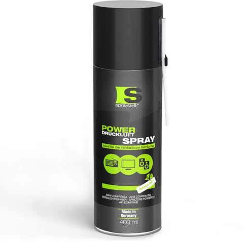 1 x 400 ml Spraytive Power Druckluftspray/Druckluftreiniger: Mit 10cm Sprühverlängerung - Druckluft aus der Dose Air Duster - Reinigung von Tastatur, PC/Computer, PS5, Xbox, Kamera - Made in Germany!