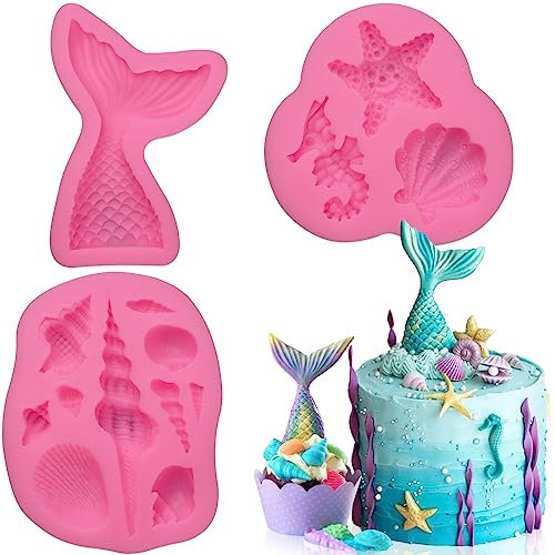 SAKOLLA Silikonform für Fondant, Meerjungfrauenschwanz, Seestern, Hippocampus, Conch aus Silikon, zur Dekoration von Kuchen unter dem Meer, Kuchen von Kuchen, Zahnpaste, Cupcake-Dekor, Zuckerguss