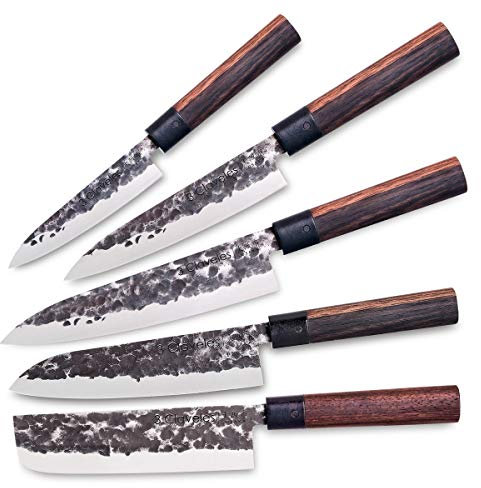3 Claveles Juego de 5 Cuchillos Profesionales Estilo Japonés Gama Osaka, Hojas Unicas Forjadas a Mano