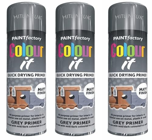3 x Colour-IT Primer Grey MATT Spray Paint Plastic Metal Wood 250ML