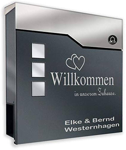 Zalafino Briefkasten mit FUNKKLINGEL ANTHRAZIT RAL 7016 mit Beschriftung - individualisierbarer Design-Briefkasten aus pulverbeschichtetem Stahl mit Zeitungsrolle und 3 Sichtfeldern