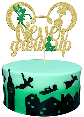 Gyufise 1 Pack Glitter Never Grow Up Cake Topper Neverland Birthday Party Decorations P Pan Cake Topper for Kids Adults Birthday Party Decorations