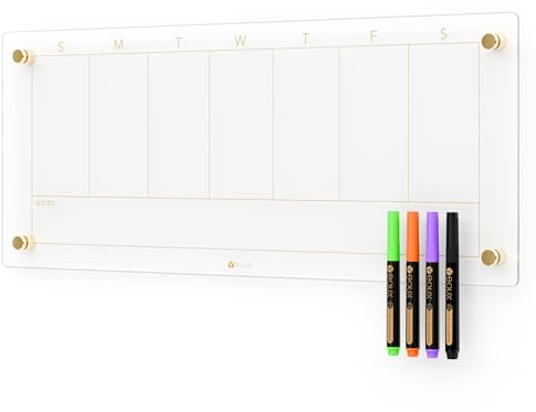 Calendrier hebdomadaire en verre transparent effaçable à sec - Tableau blanc non magnétique pour mur, liste de choses à faire sur 7 jours, menu et planificateur de repas - Tableau blanc pour cuisine,