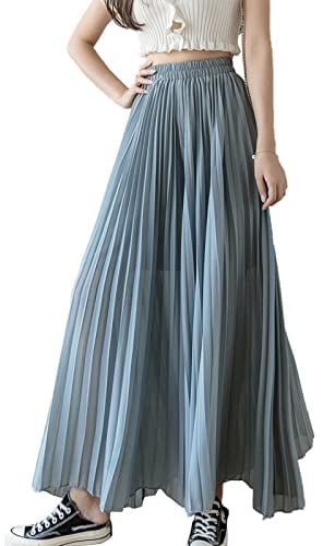 Yimutian Chiffon Hosenrock Damen Elegant Chiffon High Waist Plissee Weites Bein Lang Hose Einfarbig Strandhose Freizeithose Blau L