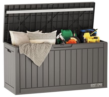 EAST OAK Caja grande de 60 galones, caja de almacenamiento para exteriores con candado para muebles de patio, cojines de patio, herramientas de jardinería, suministros de piscina, impermeable y