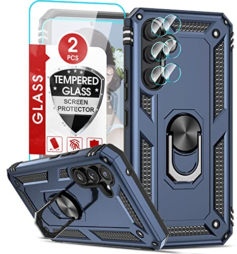 LeYi Rugged Case for Samsung Galaxy A54 5G with 2 Tempered Glass Screen Protector & 2 Camera Lens Protector, Shockproof Military Grade Protective Phone Cover with Ring Stand Holder Blue