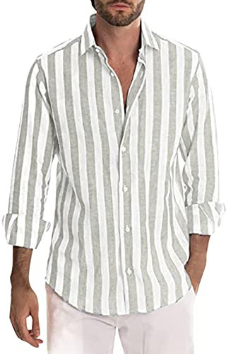 Chemise en lin pour homme à rayures - Manches longues - Pour l'été - Pour les loisirs - Funky Hawaïen - Manches longues - Chemise décontractée - Coupe régulière, gris, XL