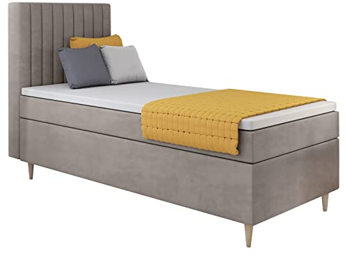 MartHome Boxspringbett Einzelbett mit Bettkasten Porto - Boxspringbett mit Bettkasten - Praktisches Bett, Polsterbett - Boxspringbetten Bonell Matratze - Bett mit Topper | Recht (Beige 102, 90x200cm)