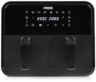 Princess Friggitrice ad aria calda a doppia camera con capacità di 2 x 4 l, Temperature separate per 2 scomparti - 8 programmi - 182068, 2400 Watt, 38,4 x 37,4 x