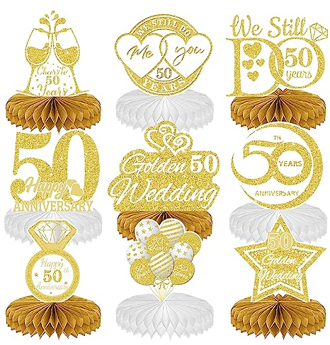 Anniversario di Nozze d'oro Centrotavola a Nido d'Ape Decorazione 9 Pezzi Golden Decorazione Della Tavola Glitter 50th Anniversario di Nozze Decorazione di Feste Romantico Decorazione a Nido d'Ape
