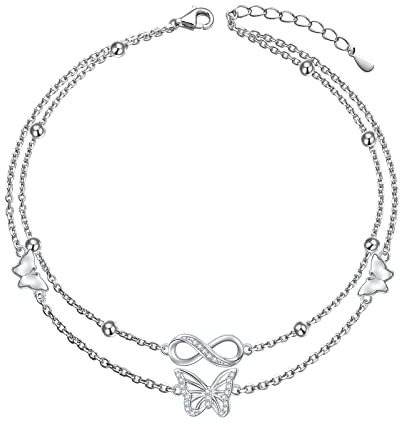 HOOHWE Bracelet de cheville pour femme en argent sterling 925 - Chaîne de cheville classique réglable - Bijou d'été pour femme et fille, 9 Zoll + 1,5 Zoll, Argent sterling