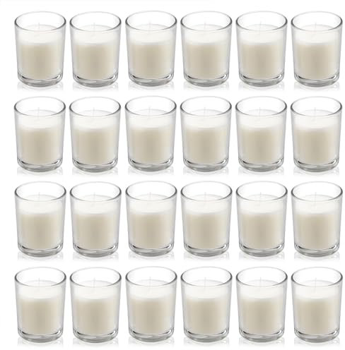 Housecret Votivkerzen mit Glasfüllung, warmweiß, geruchlos, handgegossen, ideal als Geschenk für Aromatherapie, Spa, Hochzeiten, Geburtstage, Feiertage, Partys, 24 Stück