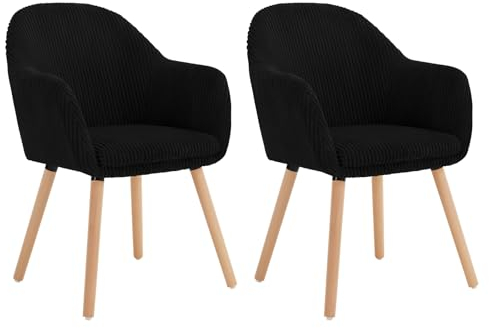 WOLTU Chaise de Salle à Manger Lot de 2, Chaises de Salon Rembourrée avec Accoudoirs sur Pieds en Bois Massif, en Velours Côtelé, Noir, EZS26sz-2