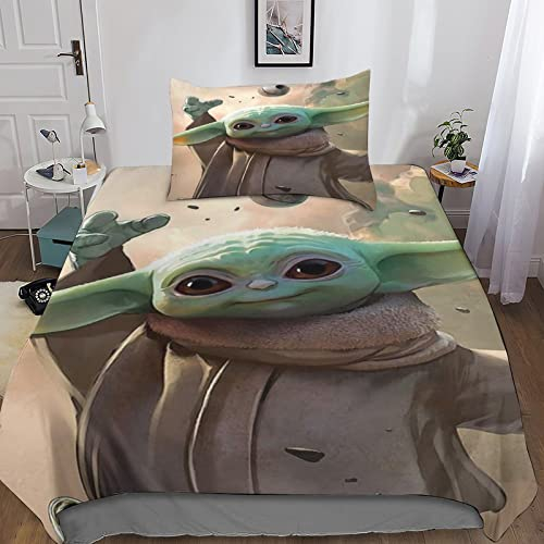 POCHY Baby Yoda 3D Bettbezug Set 3-teilig Für Teenager Jungen Mädchen Weiche Komfort Microfaser Science FictionBettwäsche 3teilig Mit Reißverschluss Und Kissenbezug Single（135x200cm）