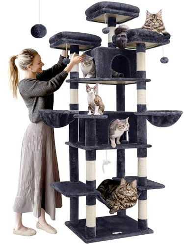 Globlazer Big Cat Tower for Indoor Cats, 80inch Cat Tower for Multiple Adult Cats XXL Cat Tree with Scratching Post, Hammock, 3 Perches, 2 Condos, 2 Hanging Basket, F80, Dark Grey