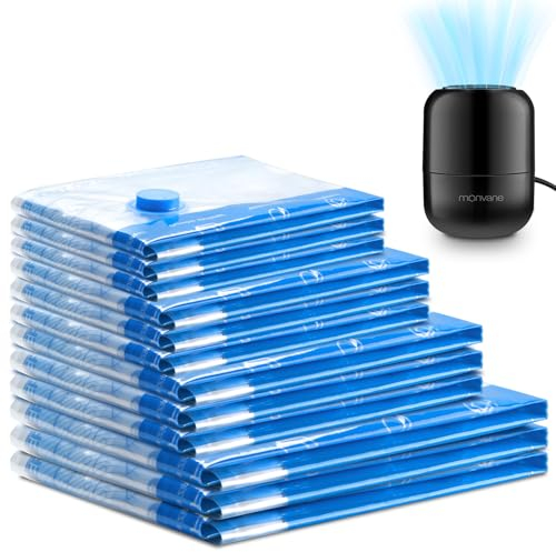 MONVANE Sac de Rangement Sous Vide et Pompe Électrique 12pcs - 3J 3L 3M 3S, Housse Vêtement Aspirateur pour Literie, Vêtements, Couettes, Matelas et Voyages