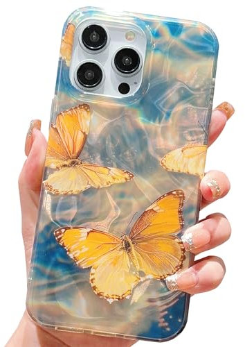 HZYKDWD Compatible for iPhone 13 Pro Max Case 6.7 Inch,Cute Butterfly Quicksand Bling Sparkle Hard Back Art Pattern Design for Soft TPU Shockproof Phone Case for Women Girls-Yellow