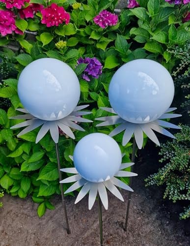 Jürgen Bocker Garten-Ambiente Blütenzauber Milano 3er Set Rosenkugel 15/15/10 cm Edelstahl Gartenstecker Deko mit Stab 80 cm (weiß poliert)