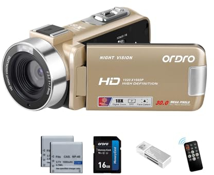 ORDRO Videocamera Full HD 1080P 30 MP, zoom digitale 18x, visione notturna a infrarossi su YouTube da 3,0 pollici, schermo girevole a 270° con scheda da 16 GB e 2 batterie Vlogging Camera (oro)