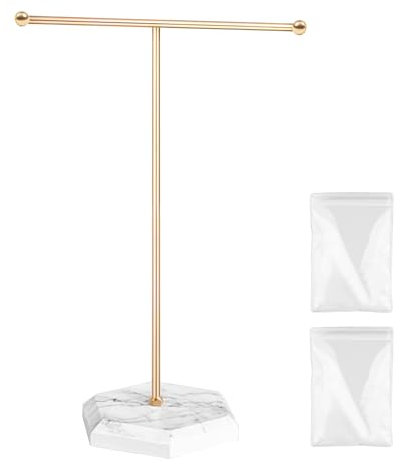 arrderly Jewellery Organiser Stand, T-Bar Necklace, Earrings Display Holder with Marble Pattern Tray, for Necklaces, Bracelets, Earrings, Rings, Watches