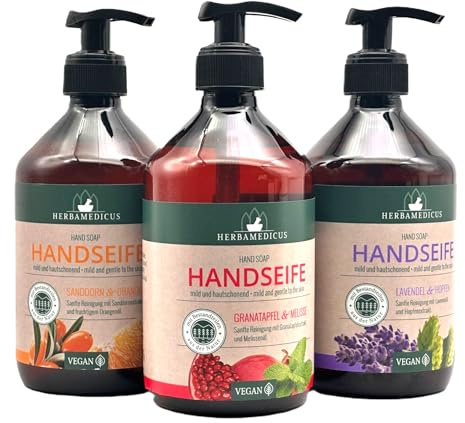 3x Herbamedicus Hand Seife Lavendel Granatapfel Sanddorn/Orange 3x500ml