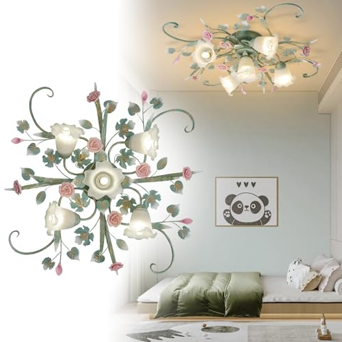 LDIEUWUET Deckenleuchte Vintage Design Metall Pendelleuchte, 5 Kopf Kronleuchter, Rosa Rosen Keramik Pendelleuchte Floral für Schlafzimmer Wohnzimmer