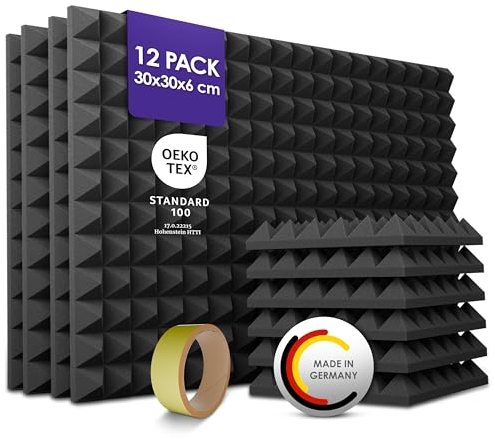 PolySound Pyramidenschaumstoff Akustikpaneele - 12 Stück 30x30x6cm, Akustikplatten mit Kleberolle zur einfachen Befestigung, Schallabsorber in Schwarz