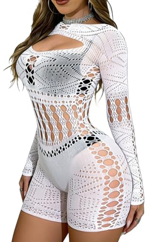 Buitifo Women Lingerie Bodysuit Fishnet Jumpsuit Bodycon Romper | Sexy Nightwear,Nylon Long Sleeve Shirts,Fishnet Shorts,Dancer Wear,mesh Bodysuit,Rave outfit