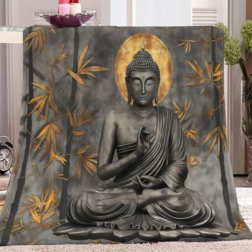 Statue Buddha Und Lotus Kuscheldecke Grau Flauschig Decke Fleecedecke, Sofa Überwurfdecke, Wohndecke Warm Weich Sherpa Wolldecke, Gemütlicher Überwurf Für Bett und Couch 130x150 cm