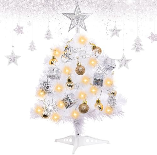 Mini árbol de Navidad, árbol de Navidad iluminado, árbol de Navidad blanco artificial, pequeño árbol de Navidad iluminado, mini árbol de Navidad de mesa, mini árbol de Navidad con LED, para decoración