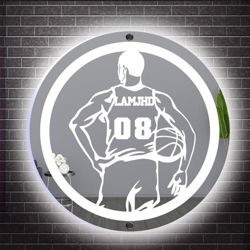 MYZQIFF Personalisierte Basketball Spiegel Neon Zeichen, Basketball Sport LED Licht Up Namensschild, Basketball Nachtlicht für Wanddekoration, Weihnachten Männer Kinder Jungen Basketball Geschenk