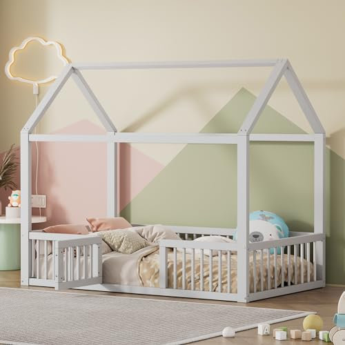 WIZBED Kinderbett Bodenbett mit Rausfallschutz und Tür, Montessori Hausbett Holzboden Bettrahmen für Jungen & Mädchen, ohne Matratze (weiß a, 90x200)