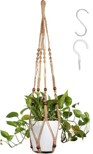 FonVan 1PC Colgador de Plantas, Macramé Colgador para Plantas Cuerda de Algodón, Planta Suspensión con Cuentas de Madera para Interior Exterior Pared Decoración, con Gancho en S y Gancho de Rosca