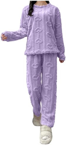 Generico Pigiama Donna Pile Invernale Caldo Pigiama Felpato Set da Casa Pigiami 2 Pezzi Camicia da Notte Sciolto Casual Morbido e Confortevole Felpa e Pantaloni Pigiama Set Casa Cotone