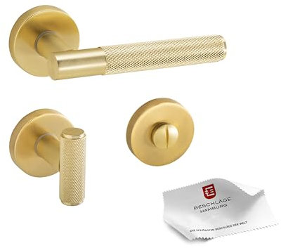 Beschläge Hamburg | Türgriff Türbeschlag MUNICH-X 07 MM WC | Bad Türklinke mit Gitternetzstruktur für Toiletten Innentüren | Karomuster Drückergarnitur | ø51x10mm | Türdrücker in messingfarben matt