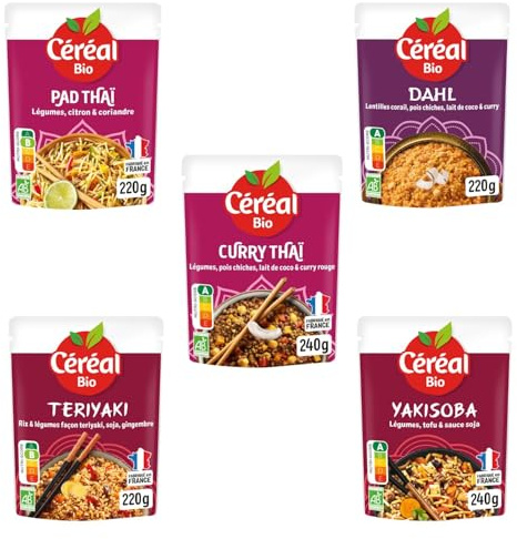 CÉRÉAL BIO – Lot de 5 Plats Cuisinés Végétariens Bio – Nouilles, Riz, Légumes & Épices – Plats Cuisinés Bio – Repas Prêts à Réchauffer en 2 min – Nutriscore A – 5 x 220 g