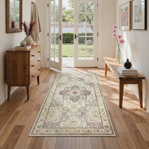 GENIMO Vintage Braun Teppich Läufer Flur 80x150cm Teppichläufer Waschbar | Waschbarer Teppich, Weich Rutschfest, Kurzflor im Retro, für Eingangsbereich, Badezimmer Schlafzimmer,für Flur Carpet
