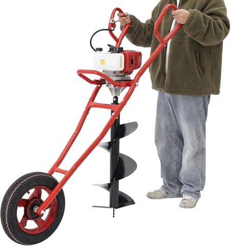 Tenddya Tarière à essence à 2 temps avec chariot manuel, brouette 52 cc, tarière de tarière, tarière pour pieu 1 l, réservoir de carburant, tarière pour utilisation agricole