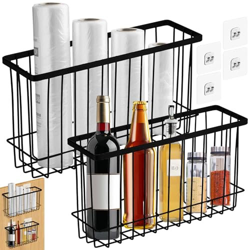 Dinhauyon Caja de almacenamiento autoadhesiva, paquete de 2 cajas de almacenamiento para puerta de armario de cocina, almacenamiento de metal montado en la pared para armario, baño, nevera, objetos