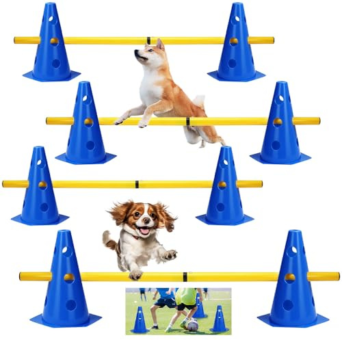 SKJJM Agility Set Hunde, Steckhürdenset Hund, Hund Hürden, Kinder Agility Hürden mit 8 Stange & 10 Hütchen, Kegel Trainingshürden Einstellbar für Hundesport, Pferdetraining und Kinderturnen