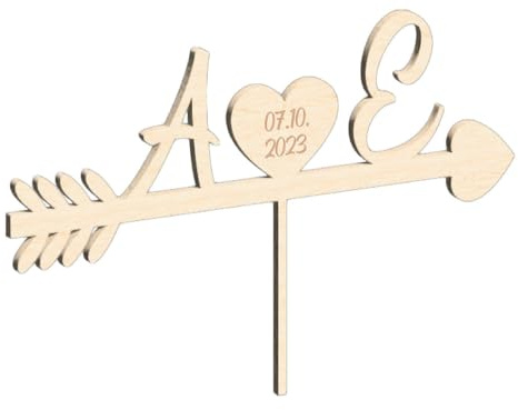 Cake Topper Hochzeit – Personalisierter Tortenstecker mit Initialen & Datum – Pfeil mit Herz – Holz – Hochzeitsdeko – Namen graviert – Deko für Torte, Hochzeit, Verlobung, Jubiläum – 15 cm oder 20 cm