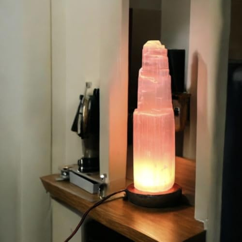 Pro Home Selenite Crystal Mountain Tower Lamp Multi Color Changing USB LED Lamp Wood Base Table Lamp for Healing Decoration Gift (30cm)