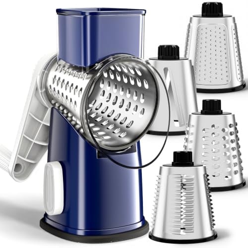Weltonhm 4 in 1 Large Rotary Cheese Grater Hand Crank (Blue, 4 Graters) | Cheese Shredder Rotary and Slicer with 4 Stainless Steel Blades for Vegetables, Veggie and Cheese, Stronger Suction Base